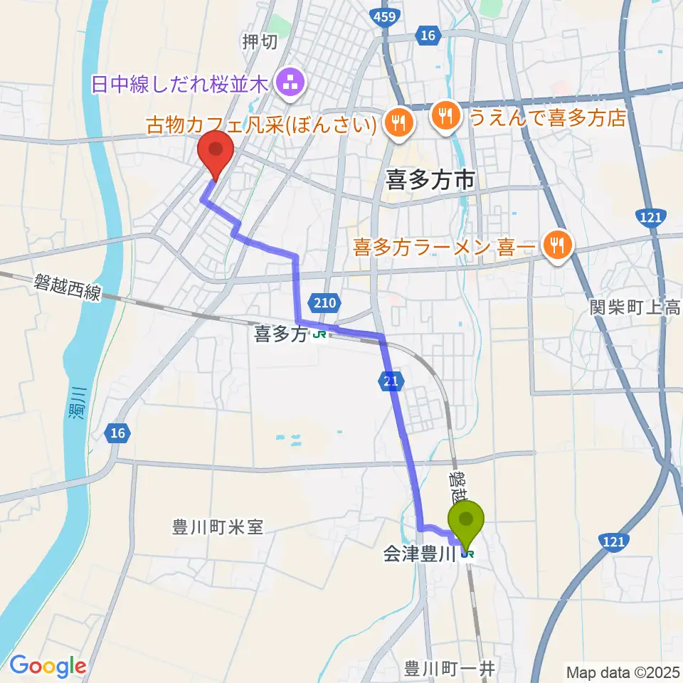 会津豊川駅から喜多方市美術館へのルートマップ地図