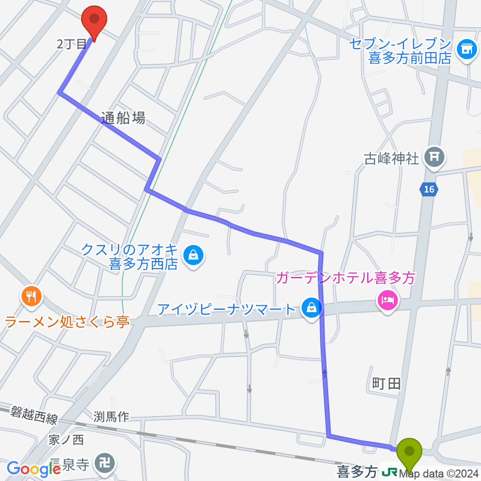 喜多方市美術館の最寄駅喜多方駅からの徒歩ルート（約17分）地図