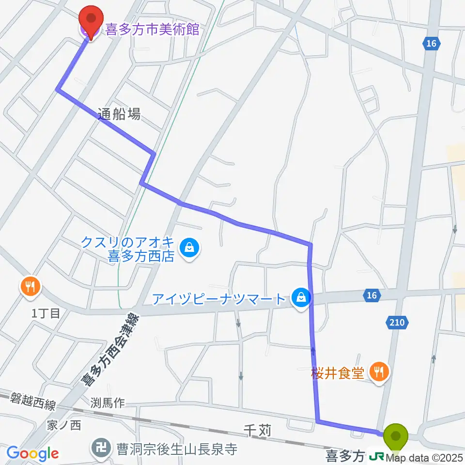 喜多方市美術館の最寄駅喜多方駅からの徒歩ルート（約17分）地図