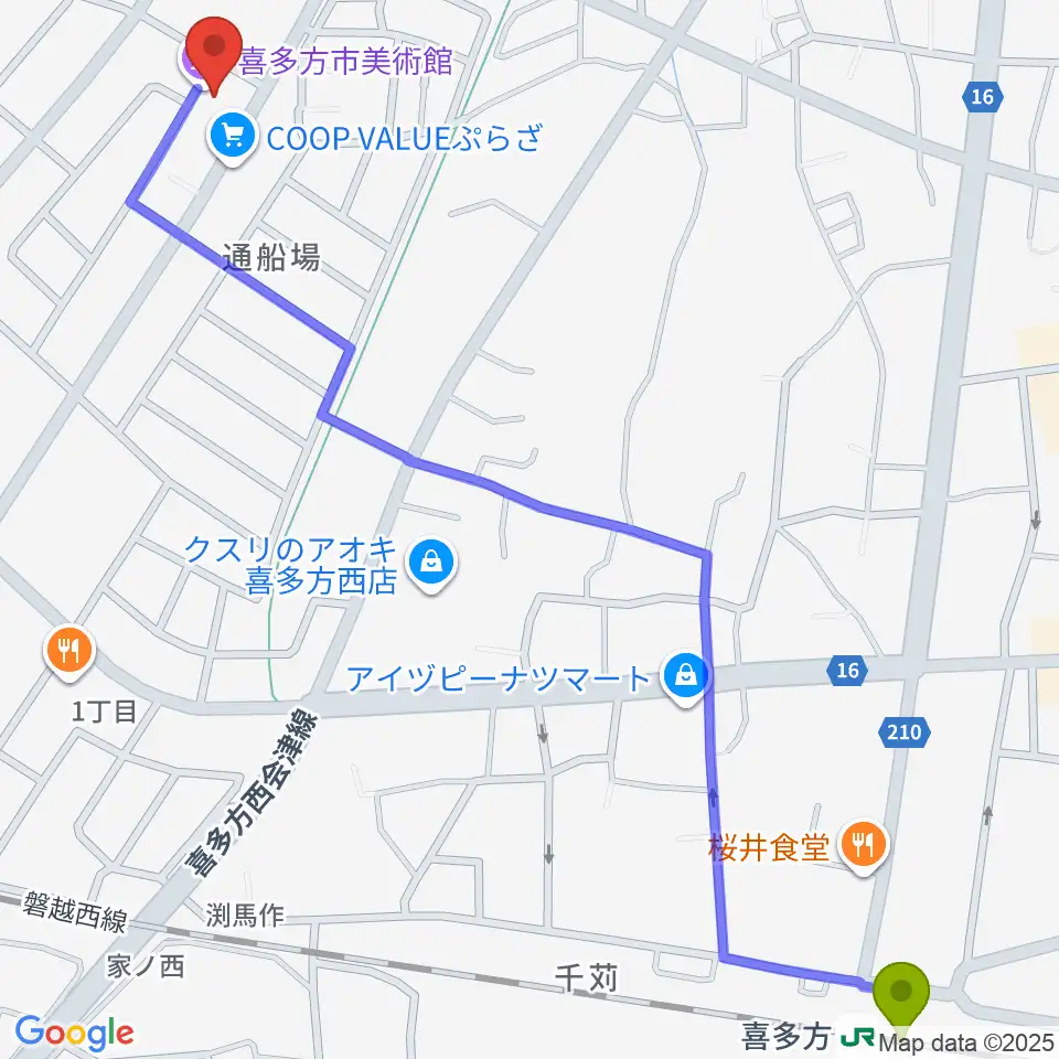 喜多方市美術館の最寄駅喜多方駅からの徒歩ルート（約17分）地図