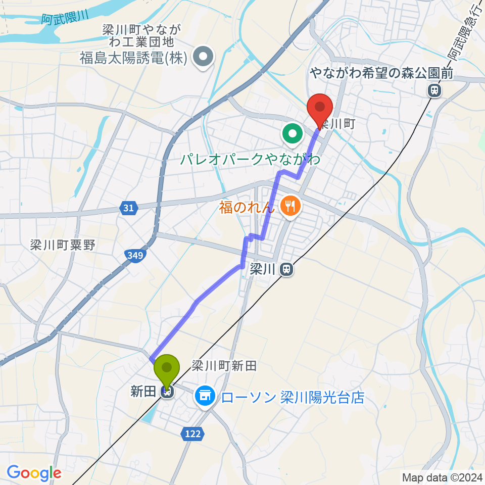 新田駅から伊達市梁川美術館へのルートマップ地図