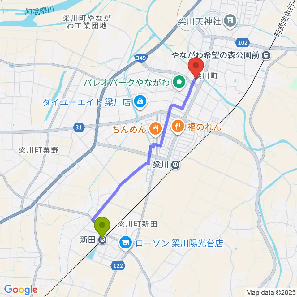 新田駅から伊達市梁川美術館へのルートマップ地図