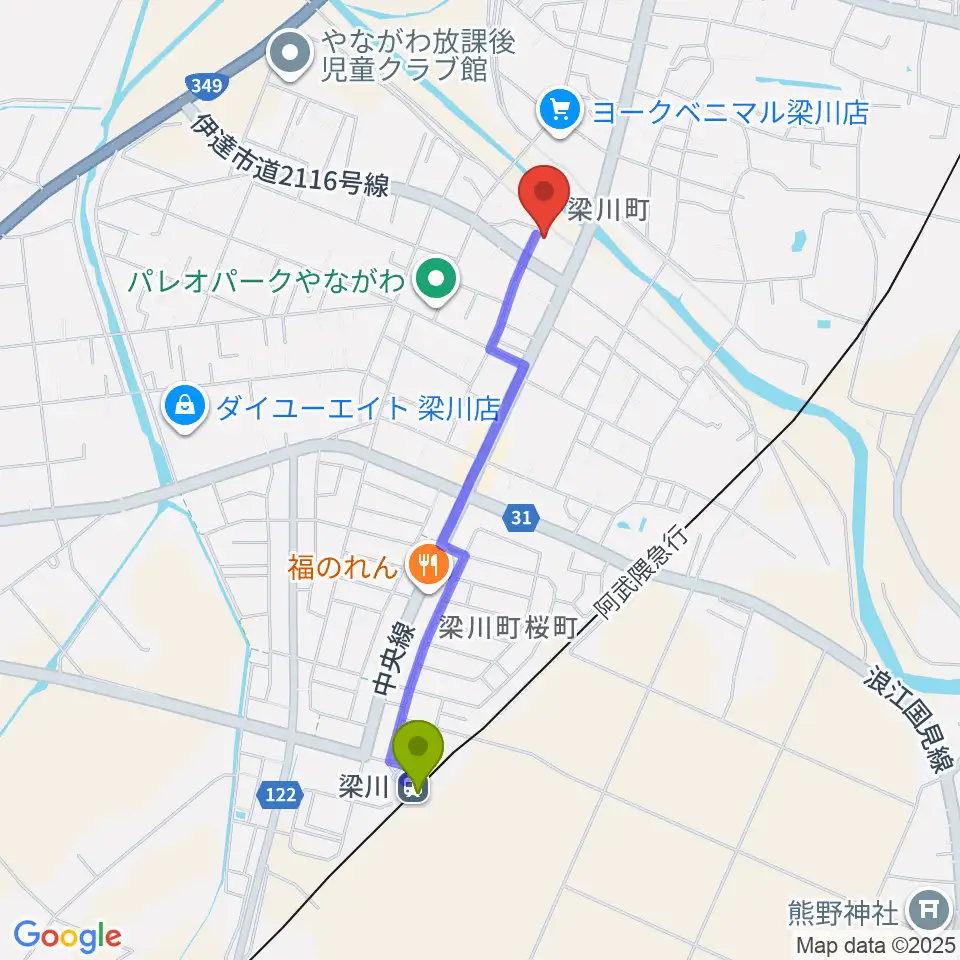 梁川駅から伊達市梁川美術館へのルートマップ地図