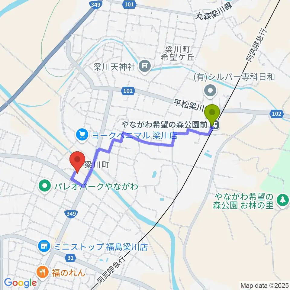 伊達市梁川美術館の最寄駅やながわ希望の森公園前駅からの徒歩ルート（約15分）地図