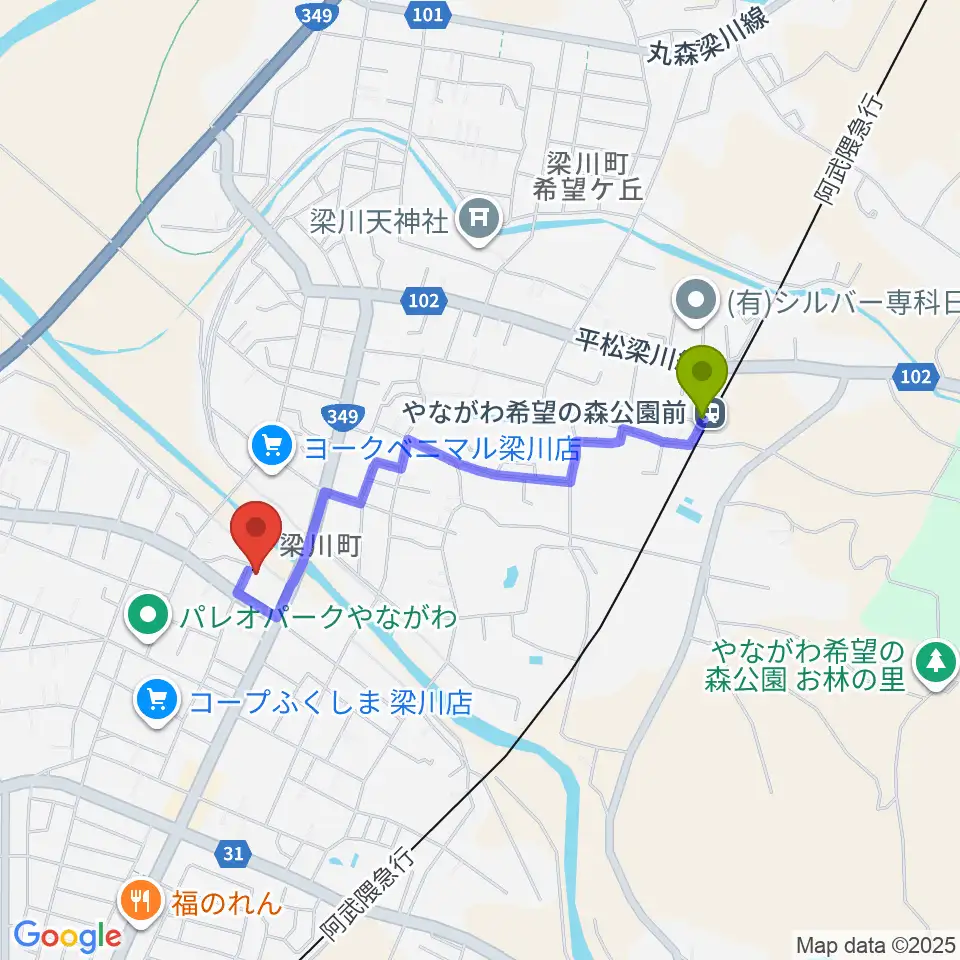 伊達市梁川美術館の最寄駅やながわ希望の森公園前駅からの徒歩ルート（約15分）地図