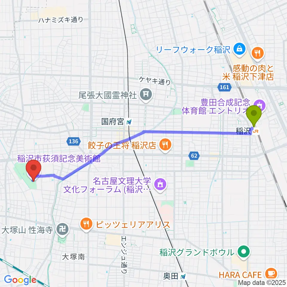 稲沢駅から稲沢市荻須記念美術館へのルートマップ地図