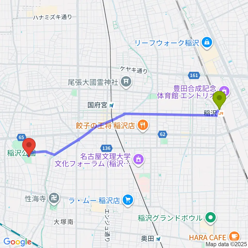 稲沢駅から稲沢市荻須記念美術館へのルートマップ地図