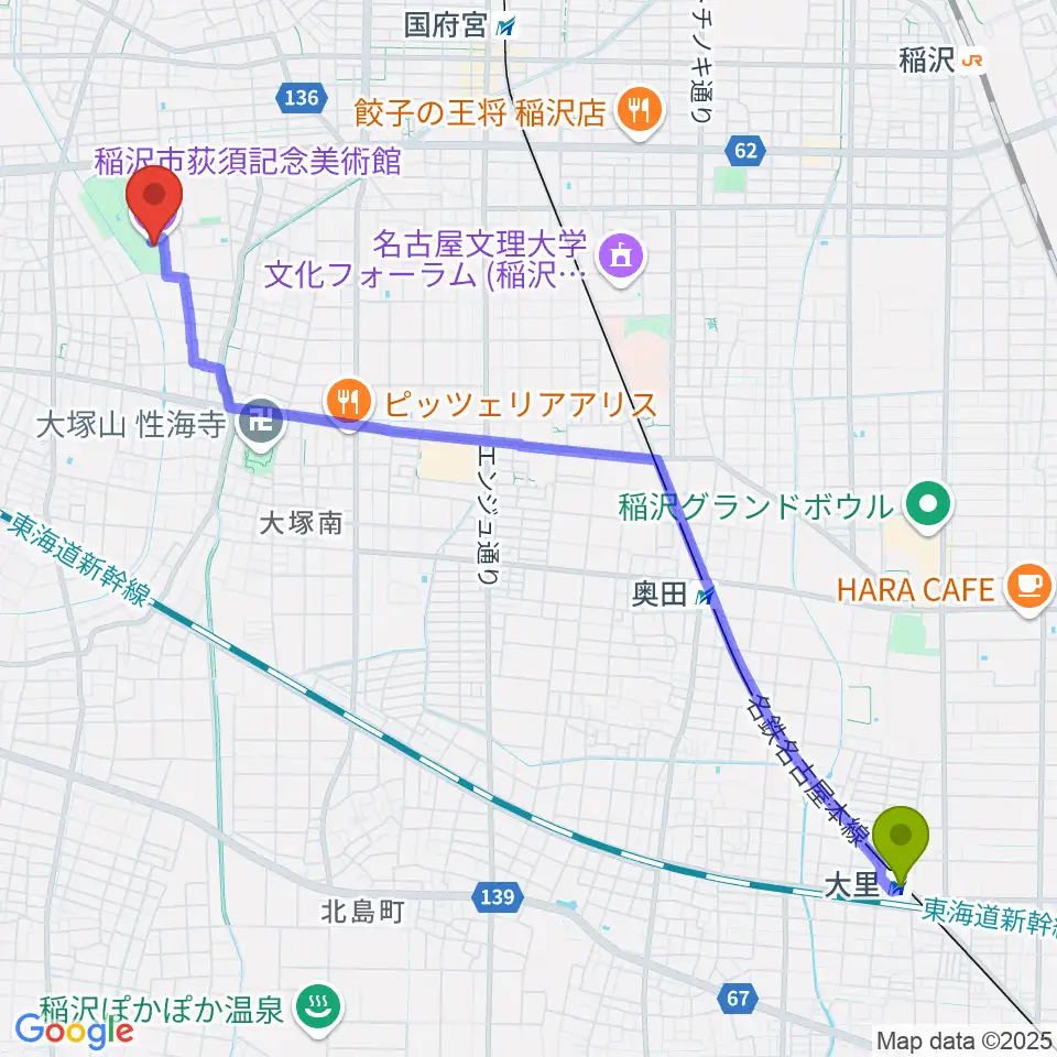 大里駅から稲沢市荻須記念美術館へのルートマップ地図