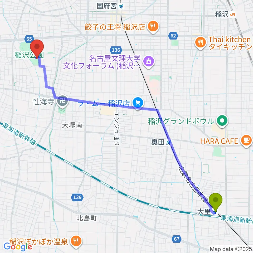 大里駅から稲沢市荻須記念美術館へのルートマップ地図
