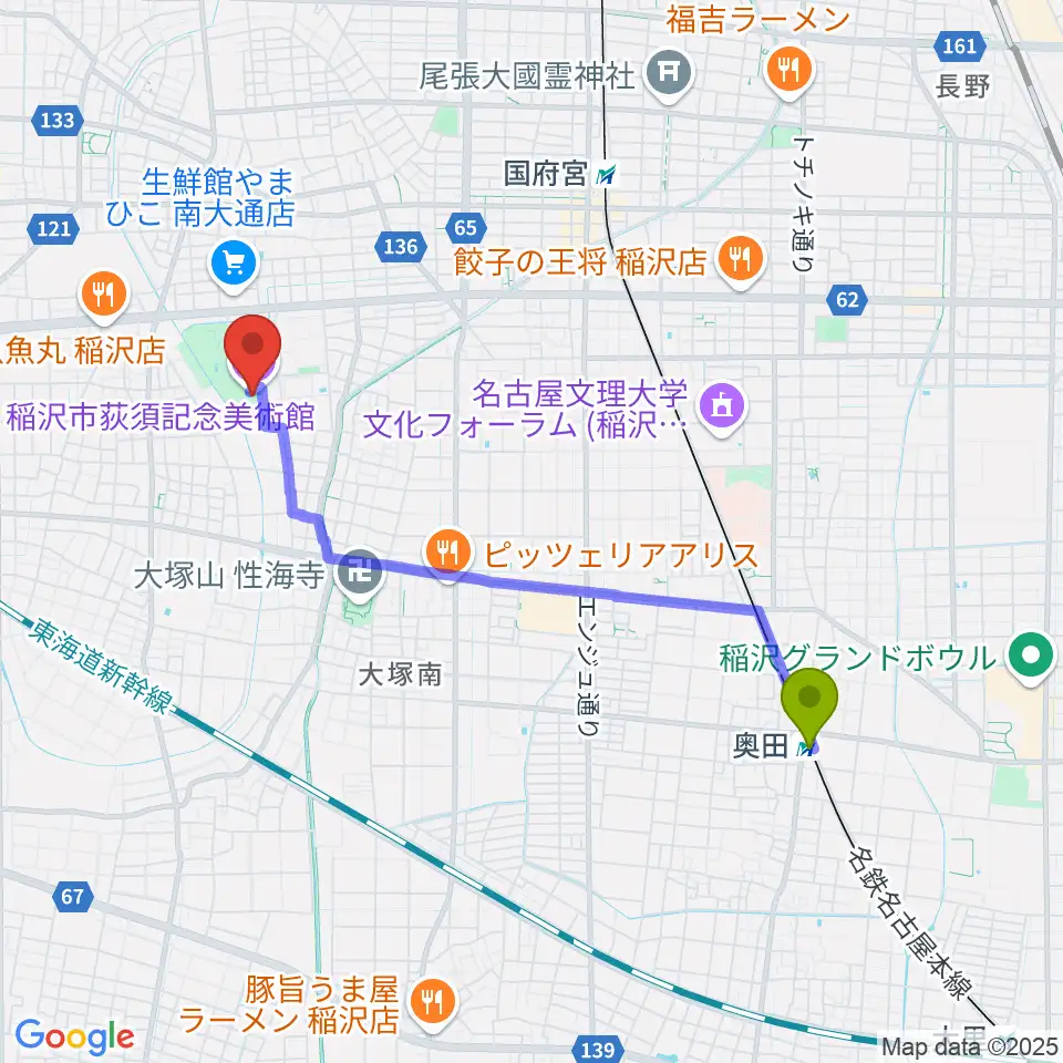 奥田駅から稲沢市荻須記念美術館へのルートマップ地図