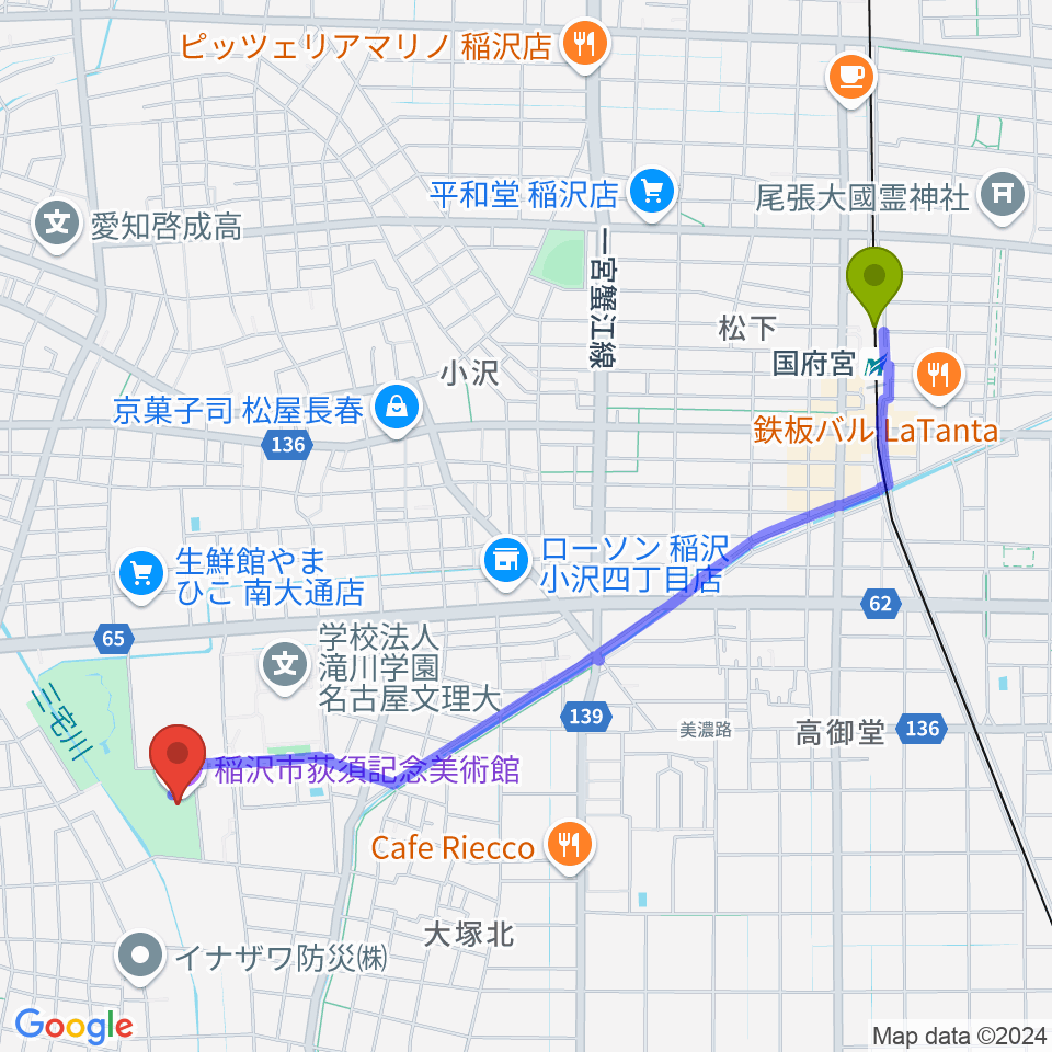 稲沢市荻須記念美術館の最寄駅国府宮駅からの徒歩ルート（約25分）地図