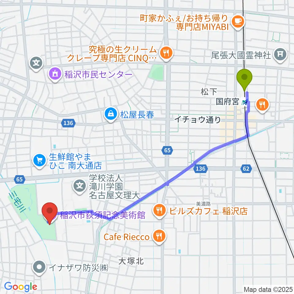 稲沢市荻須記念美術館の最寄駅国府宮駅からの徒歩ルート（約25分）地図