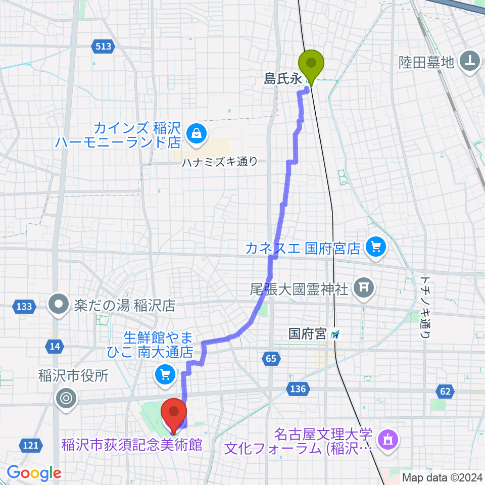 島氏永駅から稲沢市荻須記念美術館へのルートマップ地図