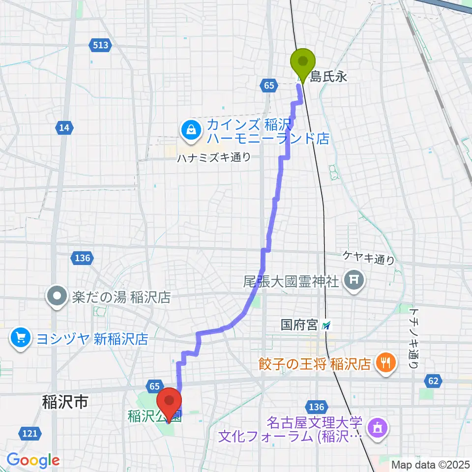 島氏永駅から稲沢市荻須記念美術館へのルートマップ地図