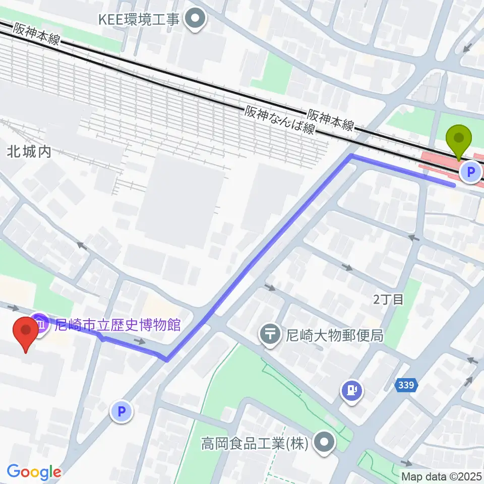 尼崎市立歴史博物館の最寄駅大物駅からの徒歩ルート（約8分）地図