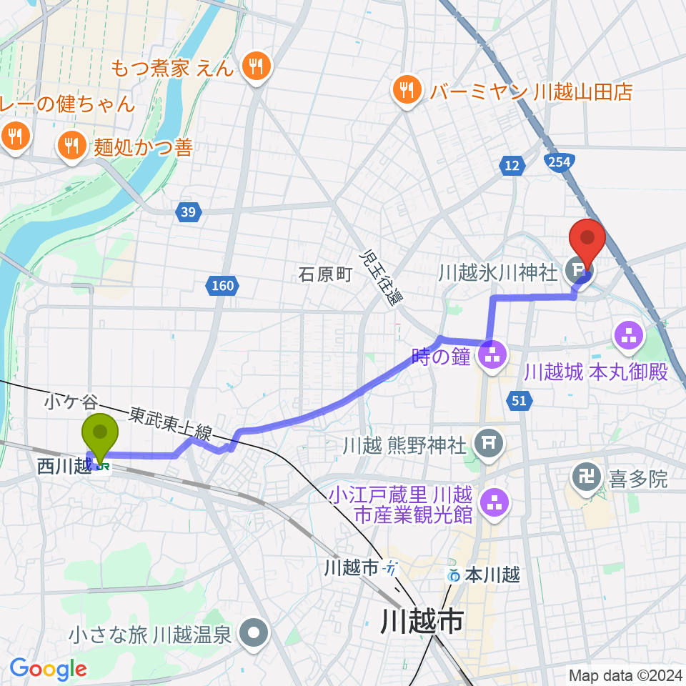 西川越駅からヤオコー川越美術館（三栖右嗣記念館）へのルートマップ地図