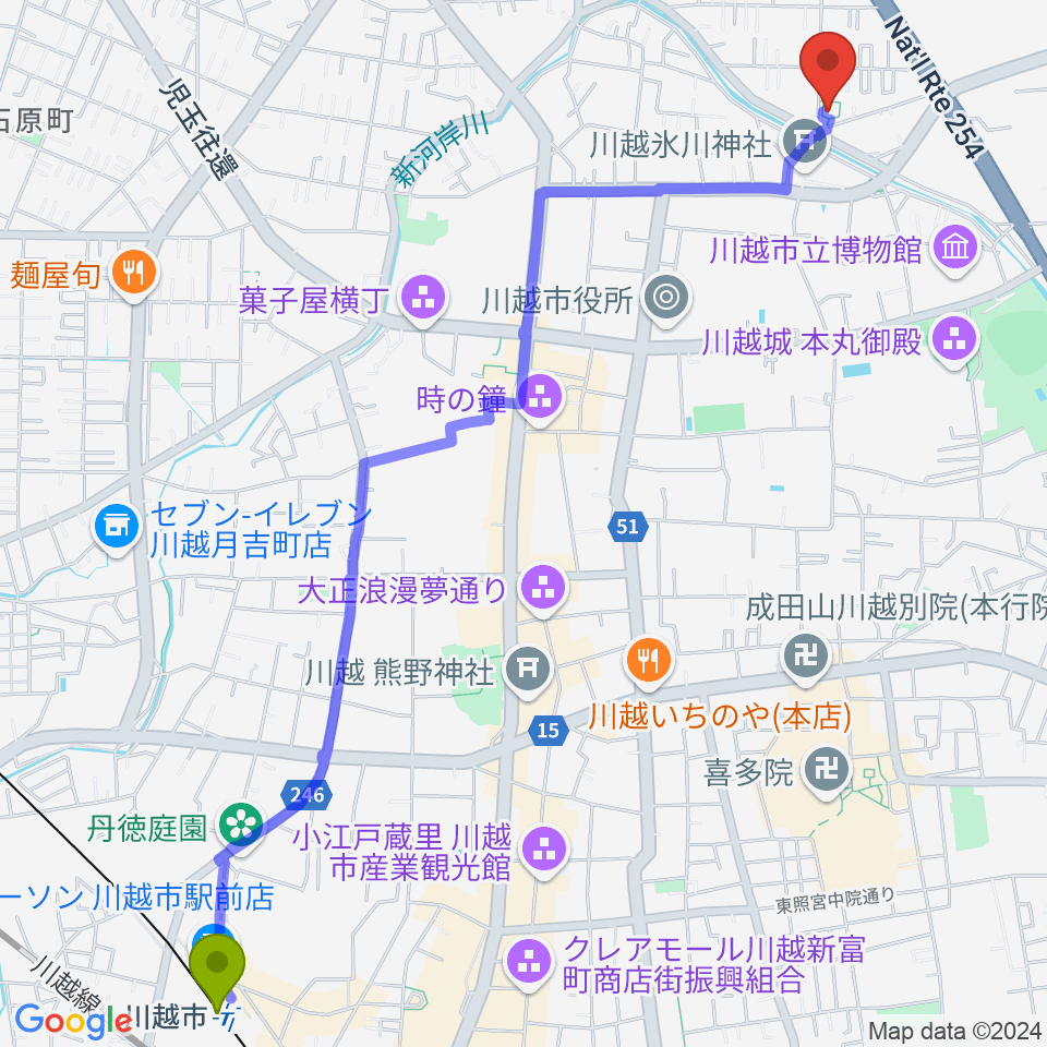 川越市駅からヤオコー川越美術館（三栖右嗣記念館）へのルートマップ地図