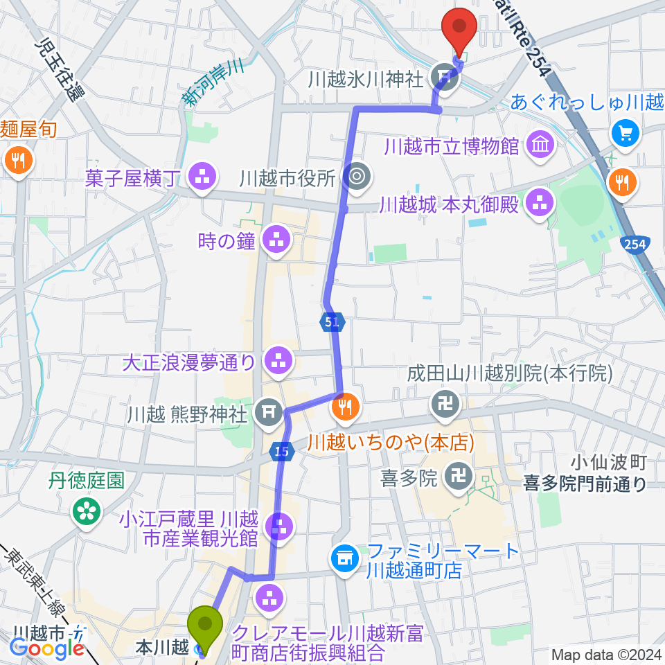 ヤオコー川越美術館（三栖右嗣記念館）の最寄駅本川越駅からの徒歩ルート（約30分）地図