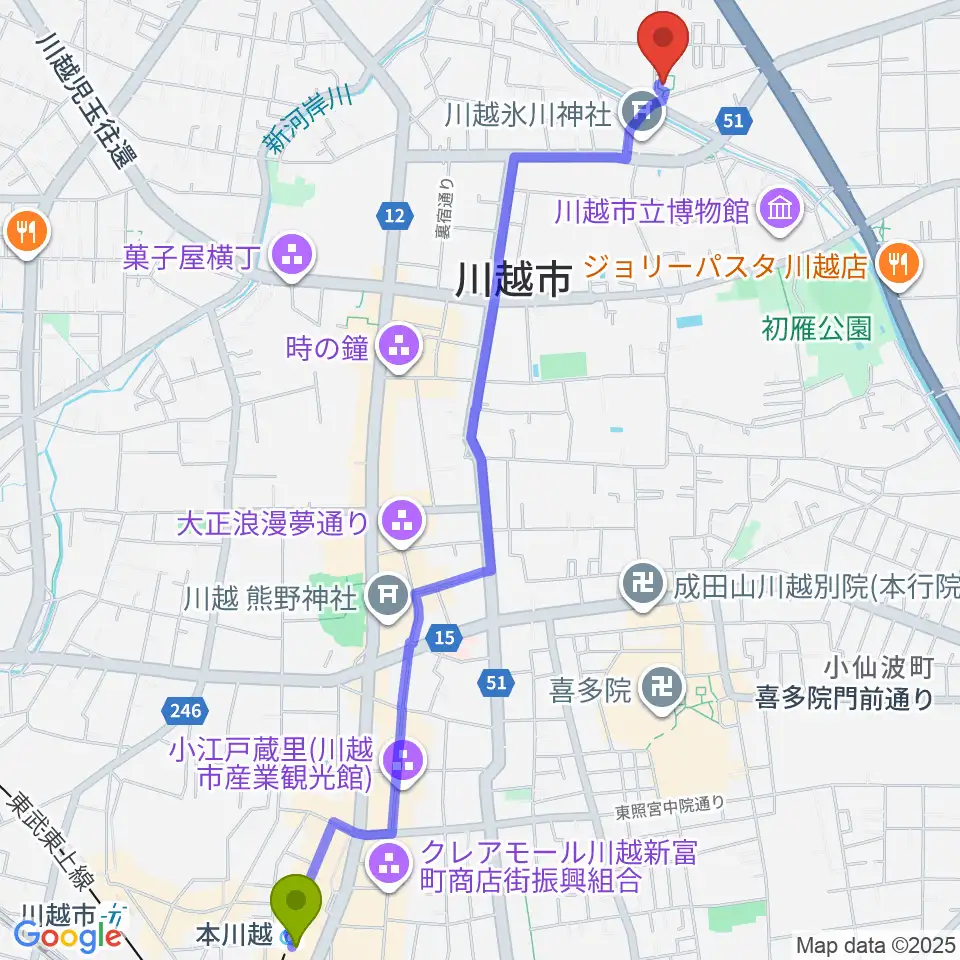 ヤオコー川越美術館（三栖右嗣記念館）の最寄駅本川越駅からの徒歩ルート（約30分）地図