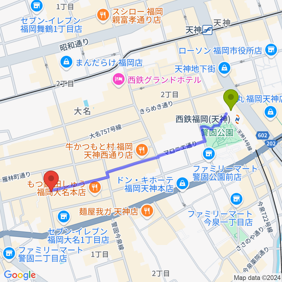 西鉄福岡（天神）駅から福岡大名ライブハウス秘密へのルートマップ地図