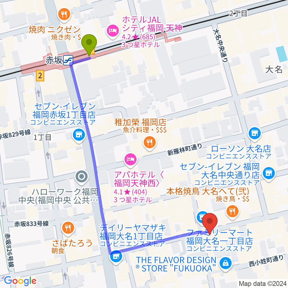 福岡大名ライブハウス秘密の最寄駅赤坂駅からの徒歩ルート（約6分）地図