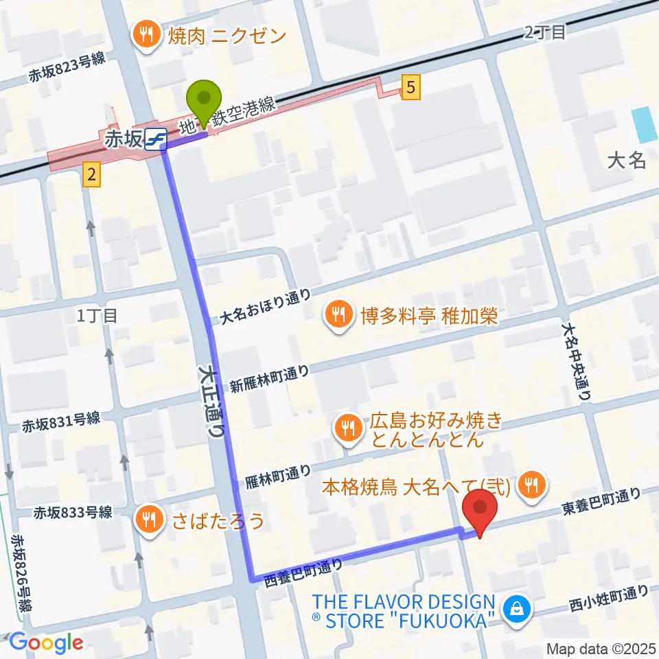 福岡大名ライブハウス秘密の最寄駅赤坂駅からの徒歩ルート（約6分）地図