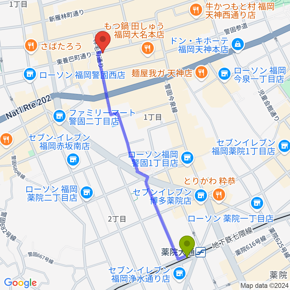 薬院大通駅から福岡大名ライブハウス秘密へのルートマップ地図