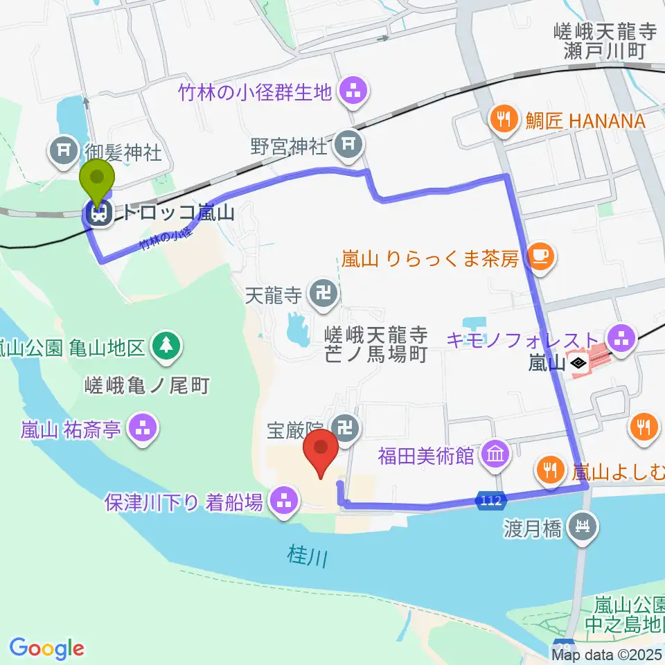 トロッコ嵐山駅から嵯峨嵐山文華館へのルートマップ地図