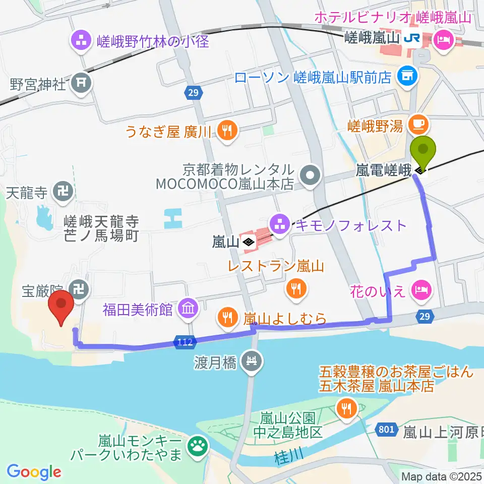 嵐電嵯峨駅から嵯峨嵐山文華館へのルートマップ地図