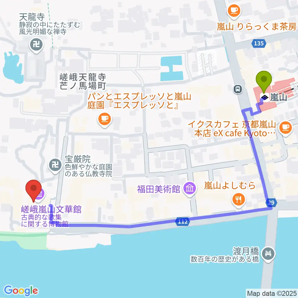 嵯峨嵐山文華館の最寄駅嵐山駅からの徒歩ルート（約7分）地図