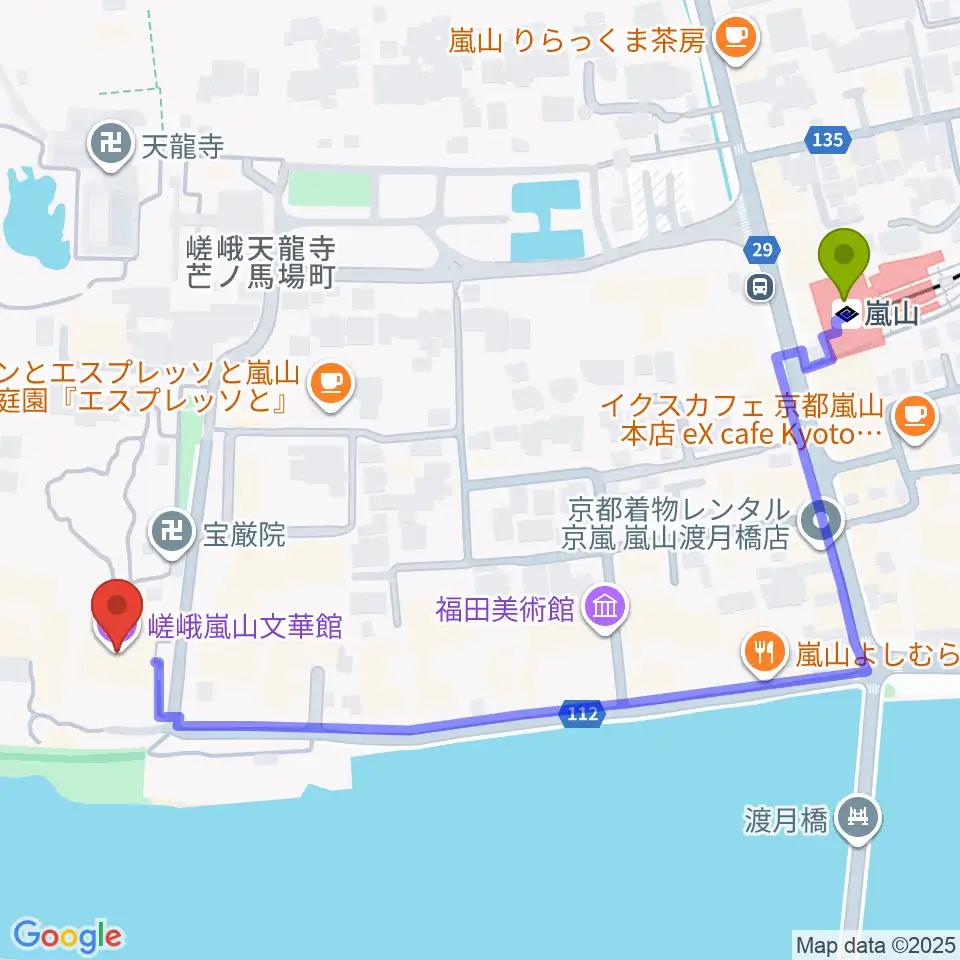 嵯峨嵐山文華館の最寄駅嵐山駅からの徒歩ルート（約7分）地図