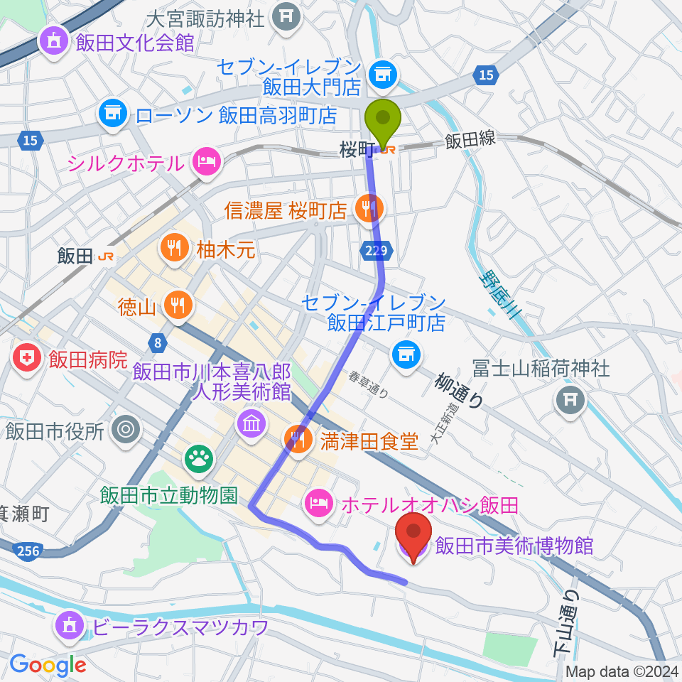 桜町駅から飯田市美術博物館へのルートマップ地図