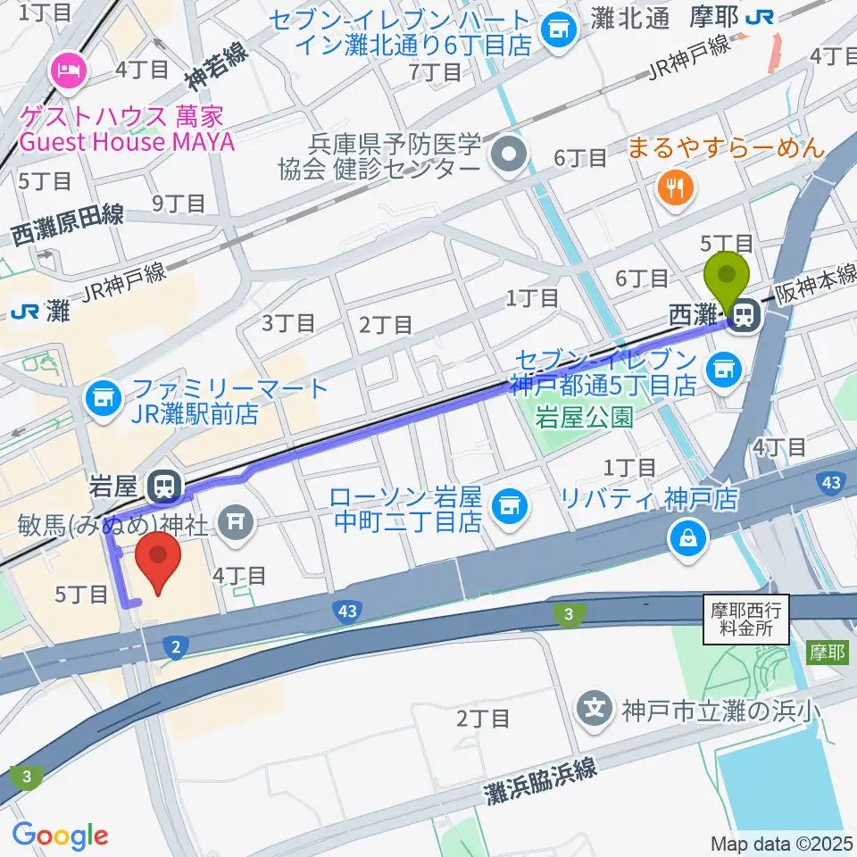 西灘駅からBBプラザ美術館へのルートマップ地図