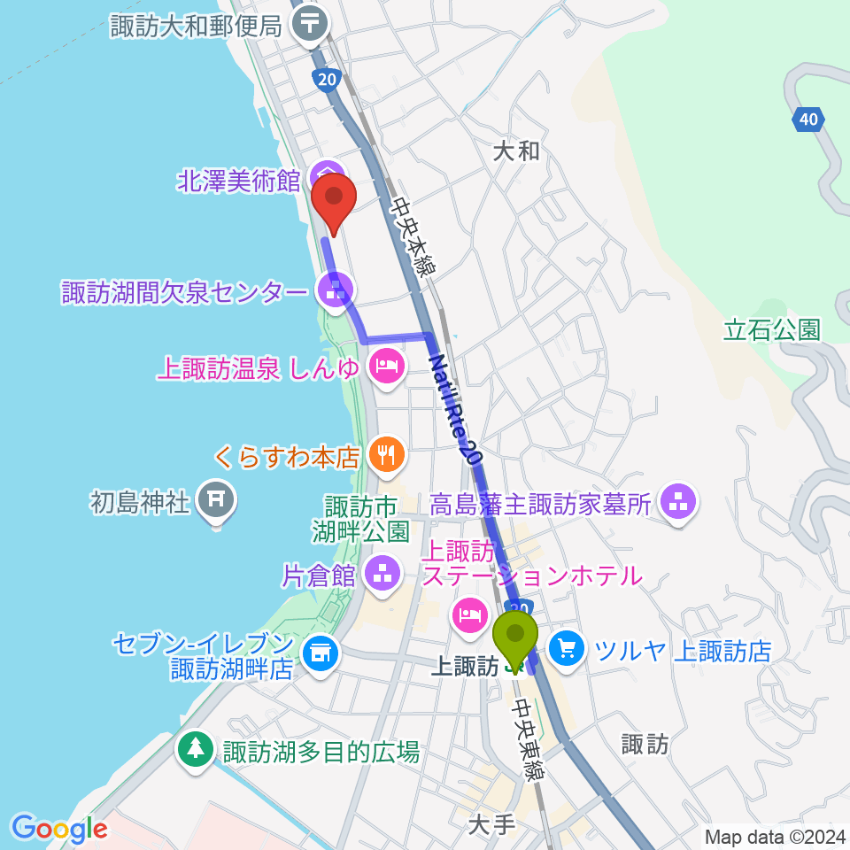 サンリツ服部美術館の最寄駅上諏訪駅からの徒歩ルート（約17分）地図