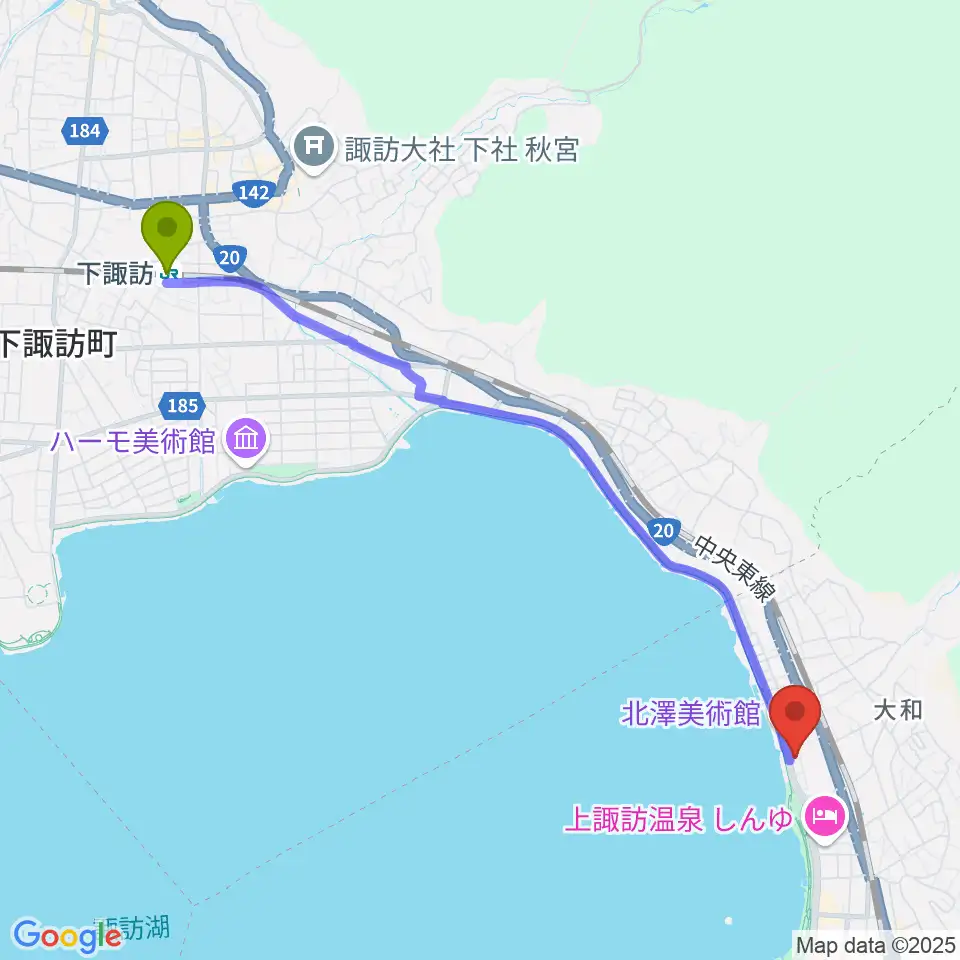 下諏訪駅からサンリツ服部美術館へのルートマップ地図