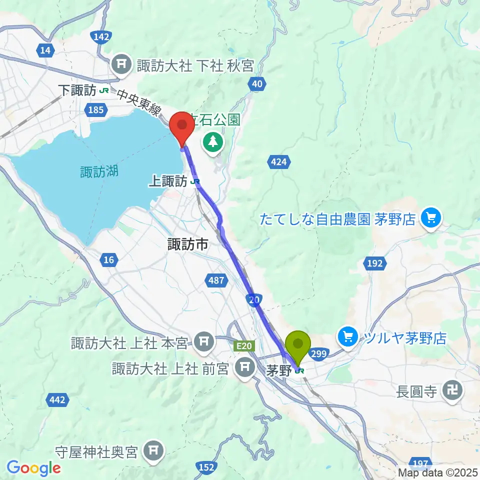 茅野駅から北澤美術館へのルートマップ地図