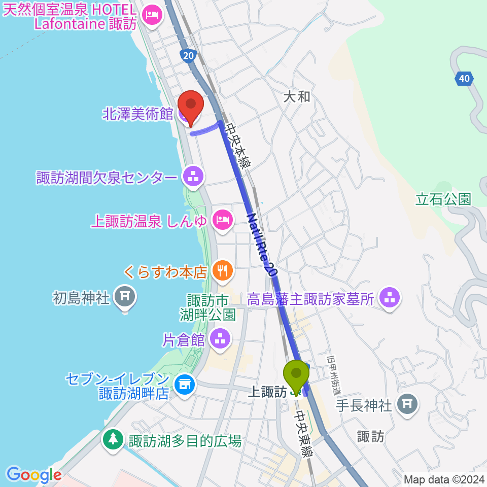 北澤美術館の最寄駅上諏訪駅からの徒歩ルート（約18分）地図