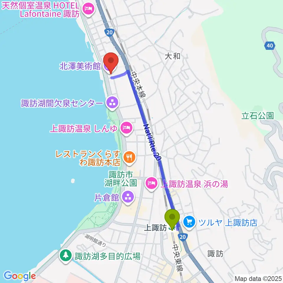 北澤美術館の最寄駅上諏訪駅からの徒歩ルート（約18分）地図