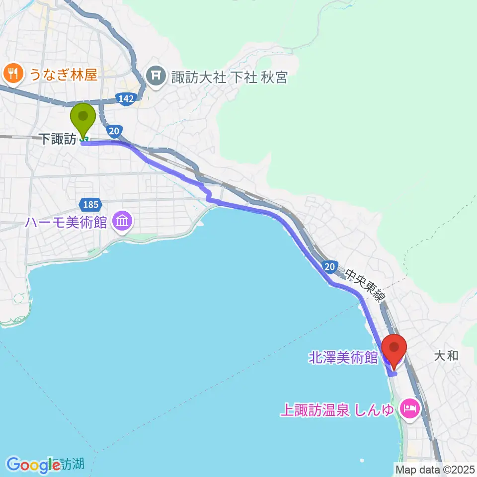 下諏訪駅から北澤美術館へのルートマップ地図