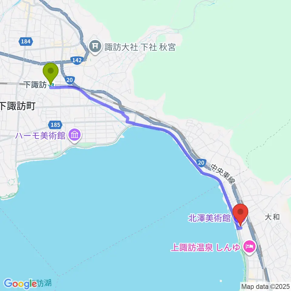下諏訪駅から北澤美術館へのルートマップ地図