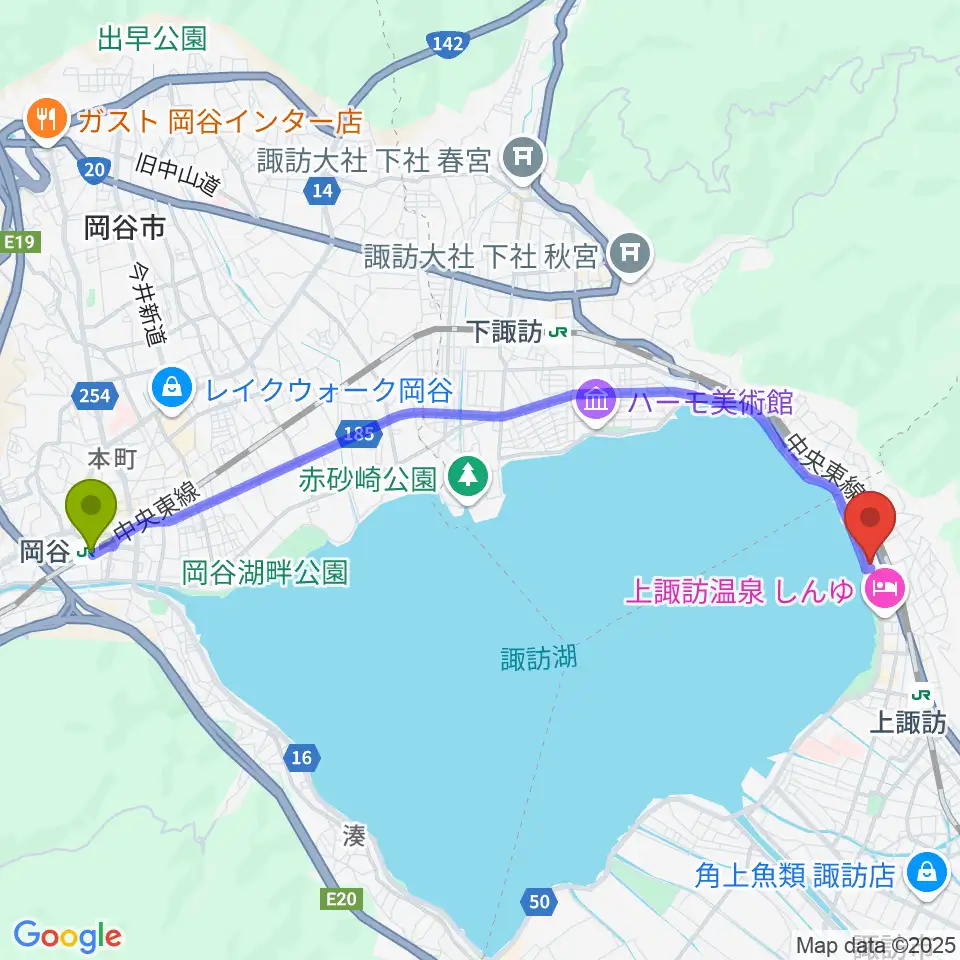 岡谷駅から北澤美術館へのルートマップ地図