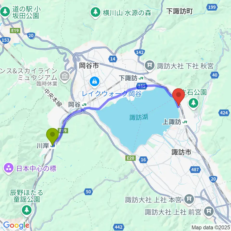 川岸駅から北澤美術館へのルートマップ地図