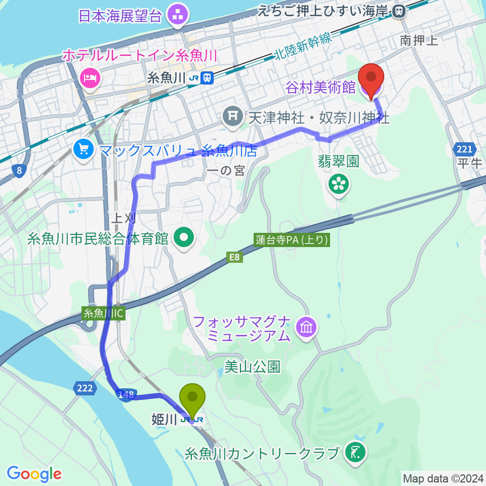 姫川駅から谷村美術館へのルートマップ地図