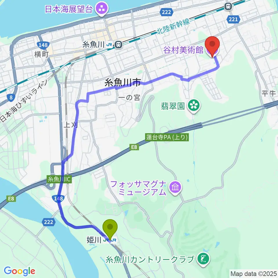 姫川駅から谷村美術館へのルートマップ地図