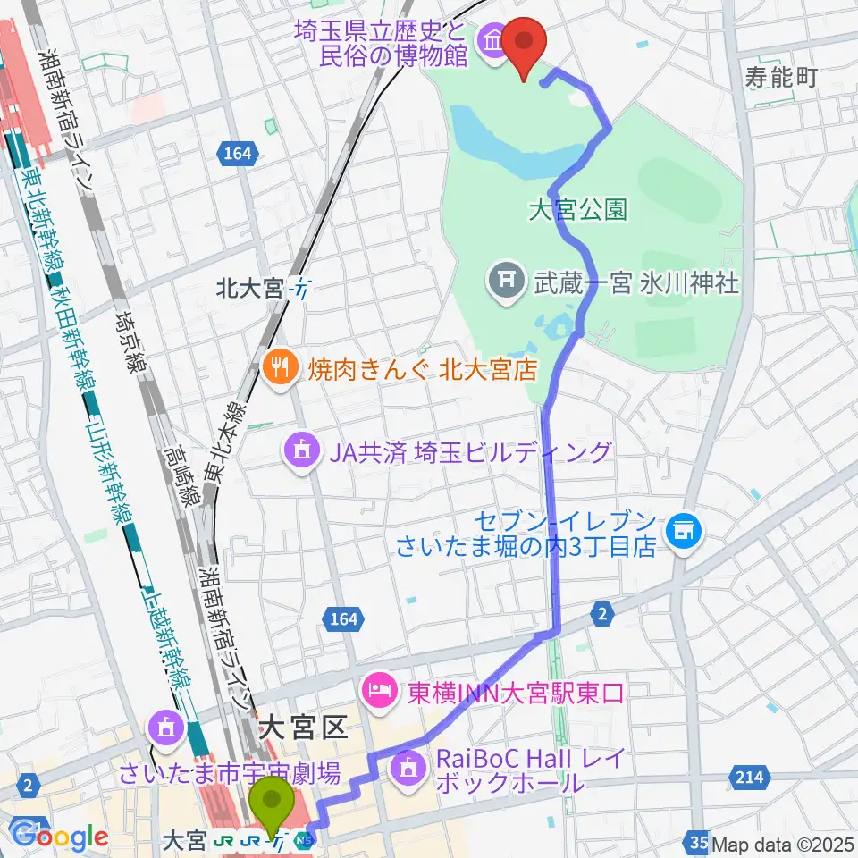 大宮駅から埼玉県立歴史と民俗の博物館へのルートマップ地図