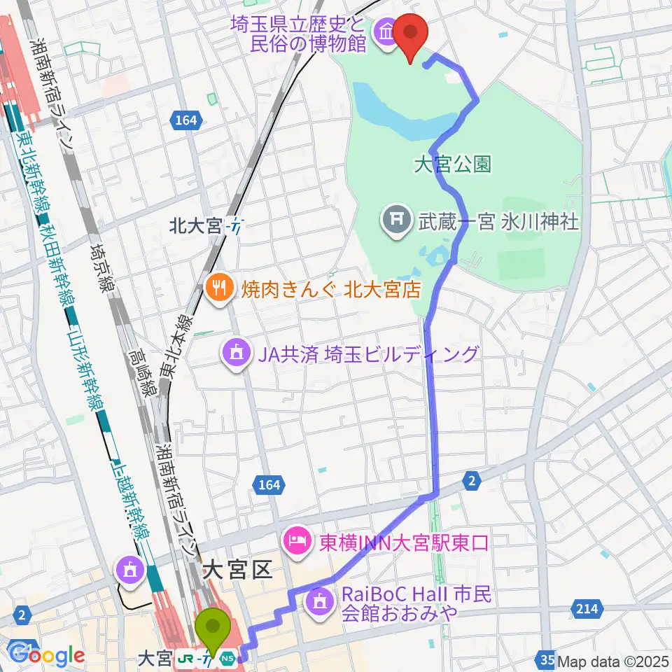 大宮駅から埼玉県立歴史と民俗の博物館へのルートマップ地図