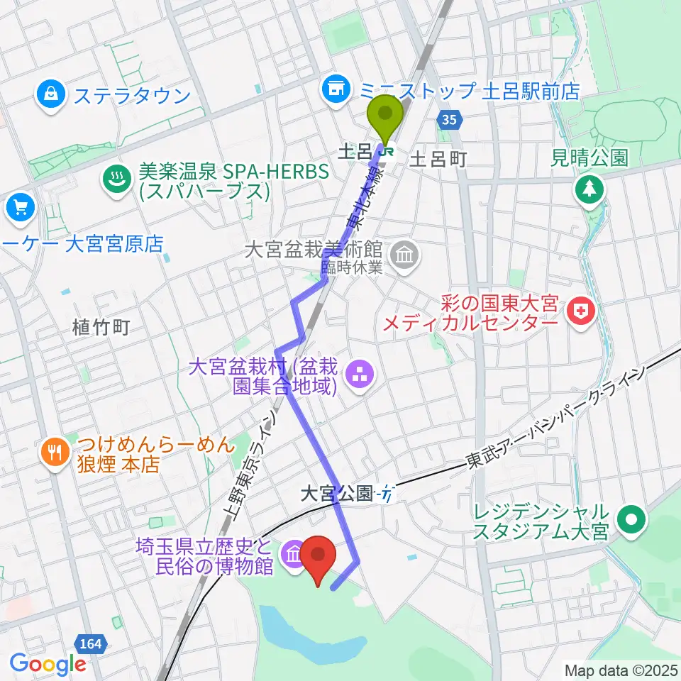土呂駅から埼玉県立歴史と民俗の博物館へのルートマップ地図