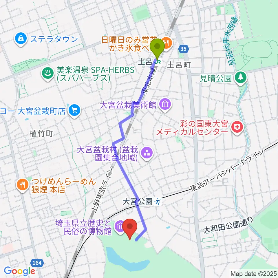 土呂駅から埼玉県立歴史と民俗の博物館へのルートマップ地図
