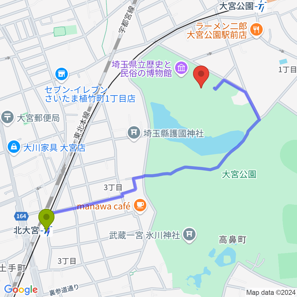 北大宮駅から埼玉県立歴史と民俗の博物館へのルートマップ地図