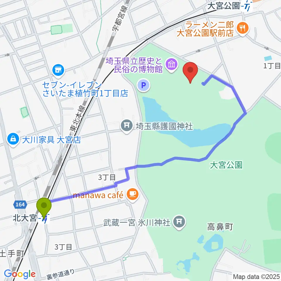 北大宮駅から埼玉県立歴史と民俗の博物館へのルートマップ地図